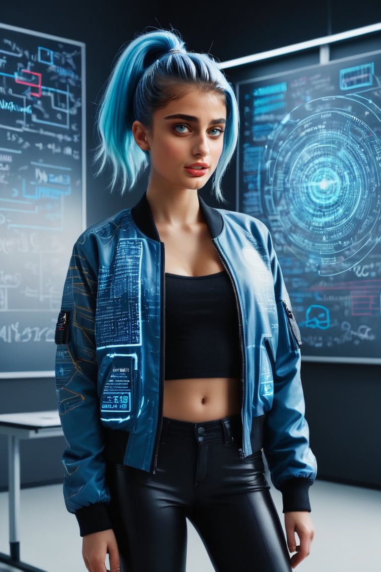 perfect hd photography, 1girl, solo, full body shot, 
Futuristic classroom, digital whiteboard full of math formulas in the background, 

Caucasian,
Slim wiry body,
streetwear, bomber jacket with neon accents and chaotic patterns,
(((updo straight neon blue hair))),

book in hand, (((Glowing streams of numbers and letters swirl around her fingertips))), causing glitches in nearby systems and inducing chaos-inducing algorithms into the digital realm.,photorealistic,movie still, film still,cinematic, cinematic shot,cinematic lighting,macro shot,35mm film,DsktneXL