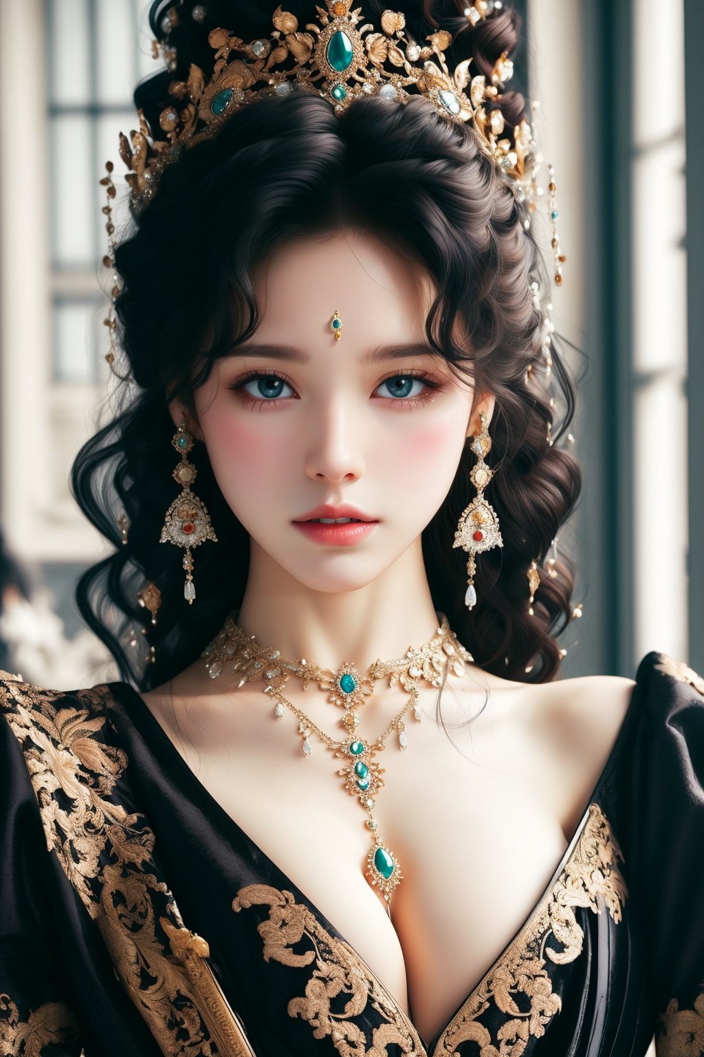 busty and sexy girl, 8k, masterpiece, ultra-realistic, best quality, high resolution, high definition, Curly hair, diamond crown, diamond earrings, diamond necklace, black low-cut princess dress, intricate pattern, black smoky eyeliner 