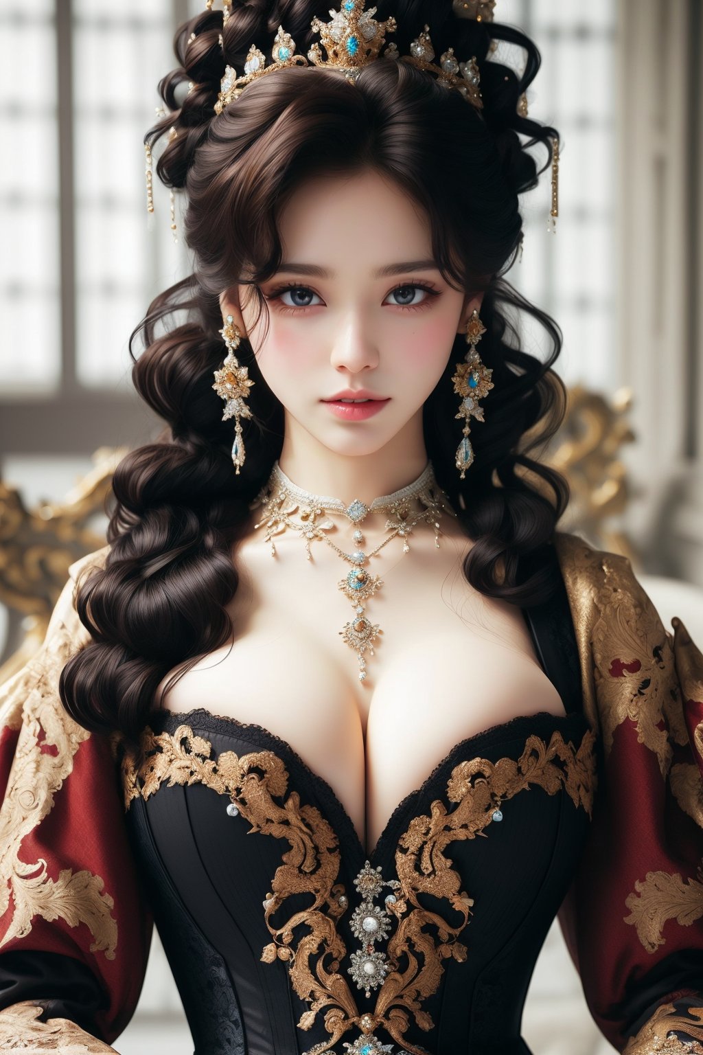 busty and sexy girl, 8k, masterpiece, ultra-realistic, best quality, high resolution, high definition, Curly hair, diamond crown, diamond earrings, diamond necklace, black low-cut princess dress, intricate pattern, black smoky eyeliner 