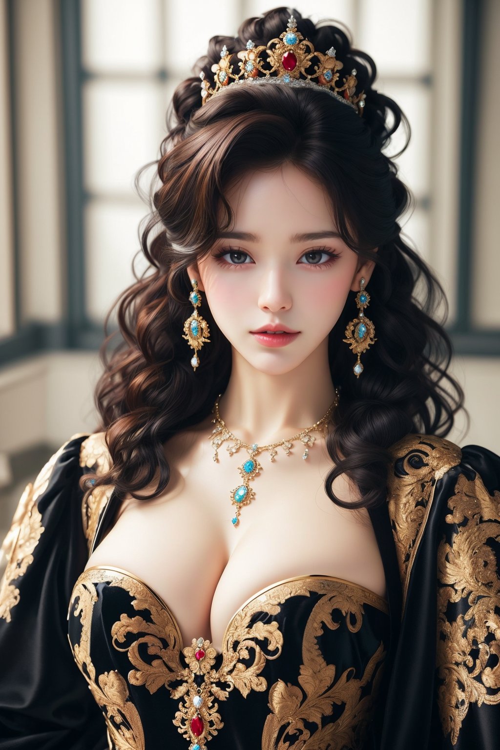 busty and sexy girl, 8k, masterpiece, ultra-realistic, best quality, high resolution, high definition, Curly hair, diamond crown, diamond earrings, diamond necklace, black low-cut princess dress, intricate pattern, black smoky eyeliner 