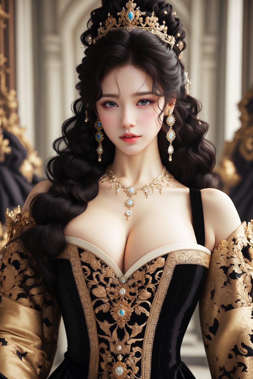 busty and sexy girl, 8k, masterpiece, ultra-realistic, best quality, high resolution, high definition, Curly hair, diamond crown, diamond earrings, diamond necklace, black low-cut princess dress, intricate pattern, black smoky eyeliner 