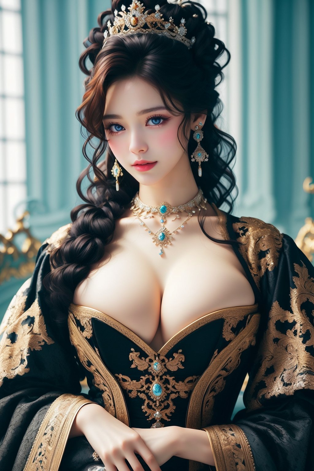 busty and sexy girl, 8k, masterpiece, ultra-realistic, best quality, high resolution, high definition, Curly hair, diamond crown, diamond earrings, diamond necklace, black low-cut princess dress, intricate pattern, black smoky eyeliner 