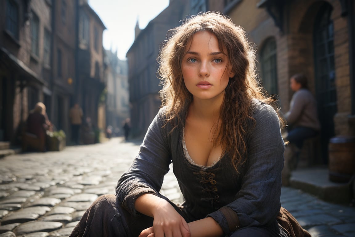 HQ photography, sharp focus, high contrast, lense flare, volumetric light, In a cinematic setting, a lovely, young woman, reminiscent of Angeline, in a busy medieval street. porcelain skin and perfect physique. Degas-like attention to detail captures every curl and curve of her body. In the background, a a medieval city square bathed by the afternoon sun rays, creating a sense of depth and atmosphere. The overall effect is stunning, with cinematic flair. This masterpiece, reminiscent of Manet's beauty, shines brightly on ArtStation, trending for all to admire.,hipster girl, begger girl, deep blue eyes, grey yellow cyan color palette,ohwx,torn clothes,beggar