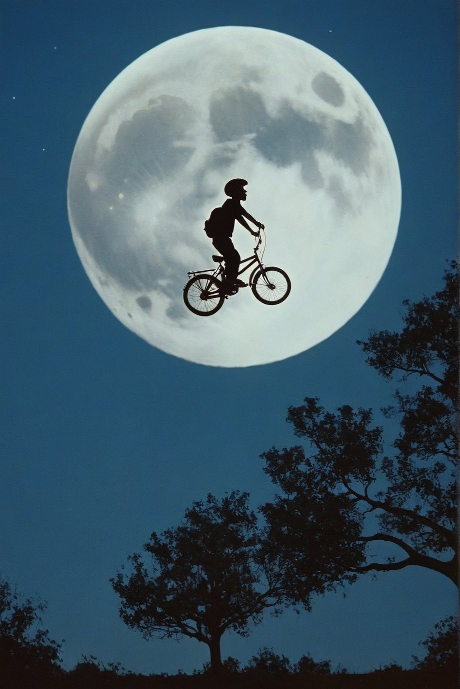 cinematic film still of 1980's style, In the 1980's the silhoutte of a person hovering on a bike in the air with full moon in background in a scene from et movie,1boy,monochrome,outdoors,sky,cloud,tree,night,moon,ground vehicle,star (sky),scenery,full moon,blue theme,silhouette,planet,bicycle,wheelchair , realistic,realism, detailed, perfection,perfect,filmic,retro,vintage,classic,different haircut,different look,different style,different people, 1980's style , 1980 style, shallow depth of field, vignette, highly detailed, high budget, bokeh, cinemascope, moody, epic, gorgeous, film grain, grainy