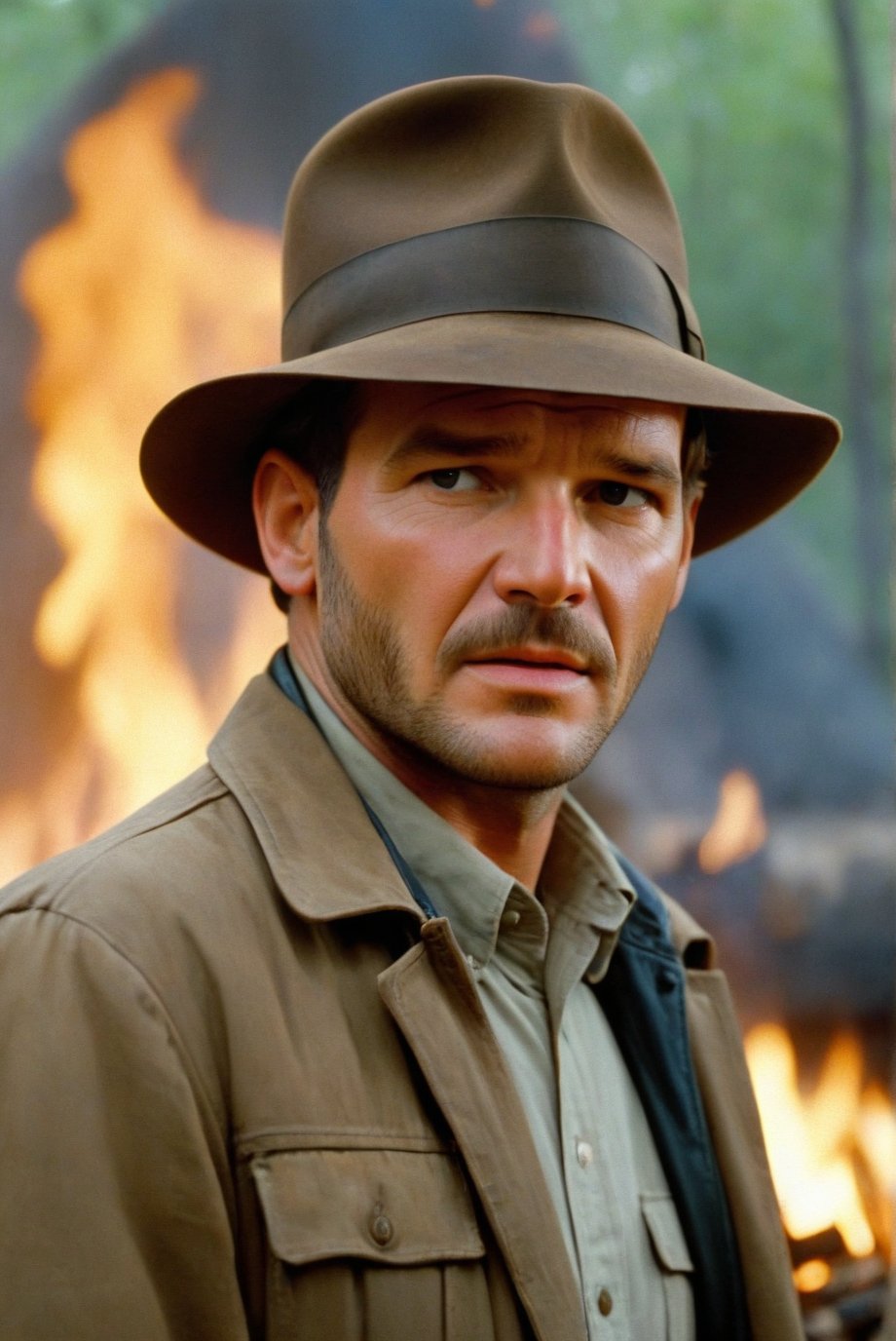 cinematic film still of 1980's style, In the 1980's indiana jones a man in a hat and jacket standing in front of a fire,solo,looking at viewer,shirt,1boy,hat,jacket,male focus,facial hair,realistic,fedora , realistic,realism, detailed, perfection,perfect,filmic,retro,vintage,classic,different haircut,different look,different style,different people, 1980's style , 1980 style, shallow depth of field, vignette, highly detailed, high budget, bokeh, cinemascope, moody, epic, gorgeous, film grain, grainy