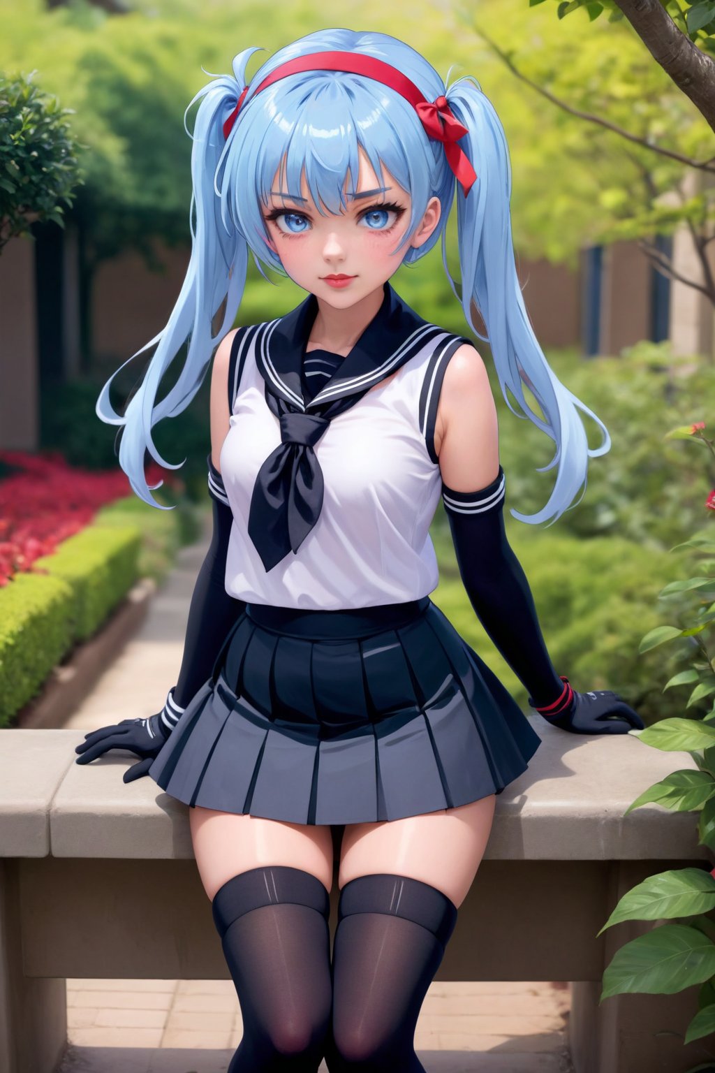 1girl, solo, very long hair, looking at viewer, bangs, skirt, shirt, thighhighs, gloves, ribbon, twin braids, very long hair, twinbraids, school uniform, hair ribbon, blue eyes, smile, full lips, red lips , braid, ahoge, sidelocks, light blue hair, pleated skirt, hairband, shoes, serafuku, sleeveless, black gloves, elbow gloves, collared shirt, black thighhighs, fingerless gloves, black skirt, scarf, neckerchief, sleeveless shirt, low twin tails, garden background, loafers, hair flaps, black serafuku, asymmetrical bangs