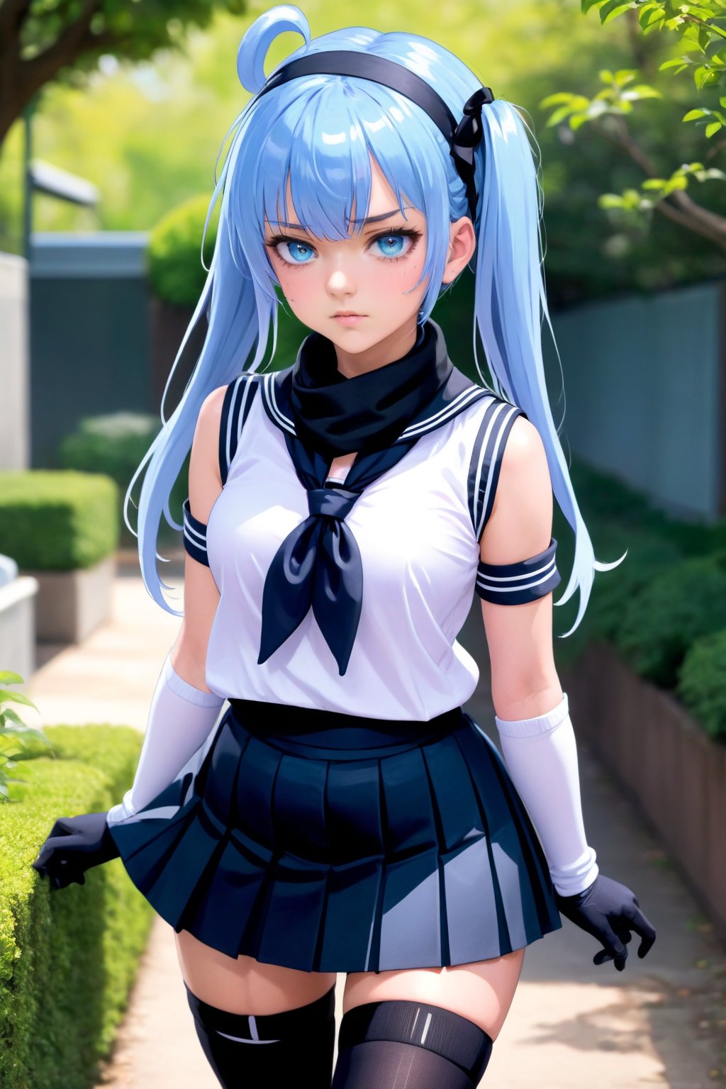 1girl, solo, long hair, very long hair, looking at viewer, bangs, skirt, shirt, thighhighs, gloves, ribbon, twin braids, very long hair, school uniform, hair ribbon, blue eyes, braid, ahoge, sidelocks, light blue hair, pleated skirt, hairband, shoes, serafuku, sleeveless, black gloves, elbow gloves, collared shirt, black thighhighs, fingerless gloves, black skirt, scarf, twin braids, neckerchief, sleeveless shirt, low twin tails, garden background, loafers, hair flaps, black serafuku, asymmetrical bangs