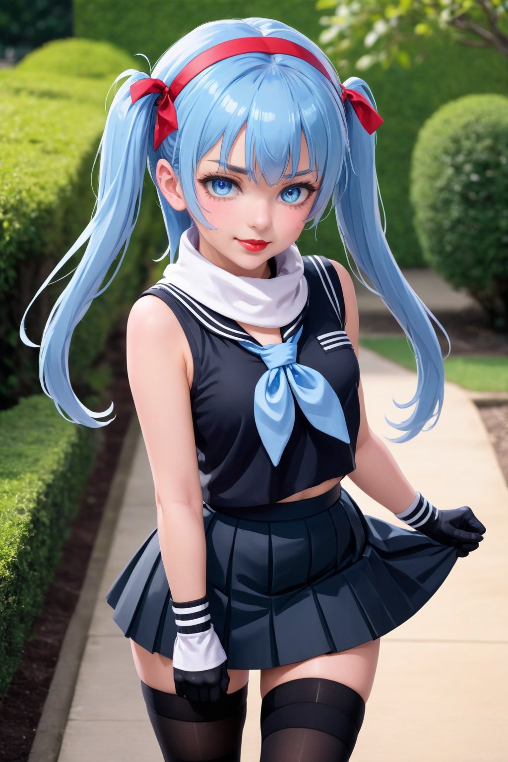 1girl, solo, long hair, very long hair, looking at viewer, bangs, skirt, shirt, thighhighs, gloves, ribbon, twin braids, very long hair, school uniform, hair ribbon, blue eyes, smile, full lips, red lips , braid, ahoge, sidelocks, light blue hair, pleated skirt, hairband, shoes, serafuku, sleeveless, black gloves, elbow gloves, collared shirt, black thighhighs, fingerless gloves, black skirt, scarf, twin braids, neckerchief, sleeveless shirt, low twin tails, garden background, loafers, hair flaps, black serafuku, asymmetrical bangs