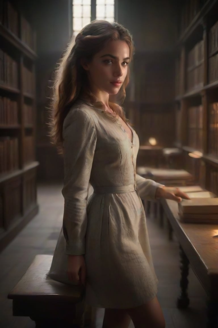 HQ photography, sharp focus, high contrast, lense flare, volumetric light, In a cinematic setting, a lovely, young woman, reminiscent of Angeline, in a medieval library. porcelain skin and perfect physique. Degas-like attention to detail captures every curl and curve of her body. In the background, a a medieval library is bathed by the afternoon sun rays, creating a sense of depth and atmosphere. The overall effect is stunning, with cinematic flair. This masterpiece, reminiscent of Manet's beauty, shines brightly on ArtStation, trending for all to admire.,hipster girl, librarian girl,ohwx,librarian,photorealistic, medieval dress,fp1