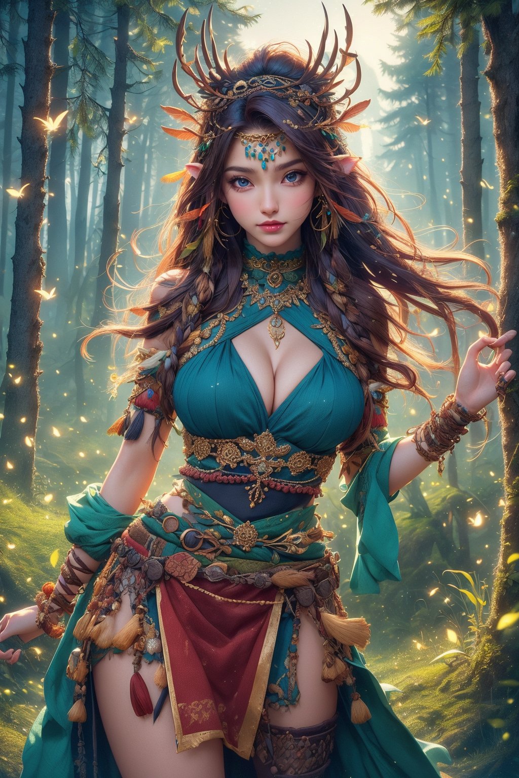 busty and sexy girl, Tribal girl, feather headdress 8k, masterpiece, ultra-realistic, best quality, high resolution, high definition,  the character should be a mischievous forest spirit, LOW-CUT SEXY DRESS, leaves woven into their hair. The background should be a moonlit forest clearing, with fireflies dancing in the air. The overall mood should be mysterious and enchanting, inviting viewers to explore the hidden magic of the woods