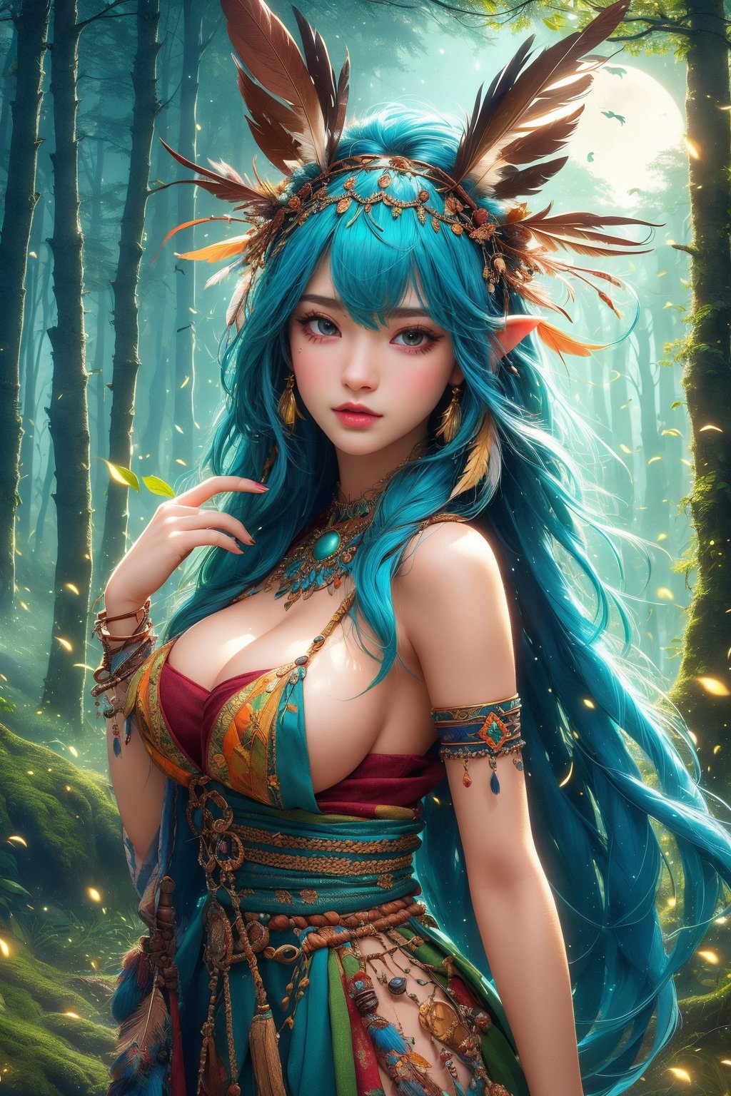 busty and sexy girl, Tribal girl, feather headdress 8k, masterpiece, ultra-realistic, best quality, high resolution, high definition,  the character should be a mischievous forest spirit, LOW-CUT SEXY DRESS, leaves woven into their hair. The background should be a moonlit forest clearing, with fireflies dancing in the air. The overall mood should be mysterious and enchanting, inviting viewers to explore the hidden magic of the woods, TRIBAL GIRL, FEATHER HEADDRESS