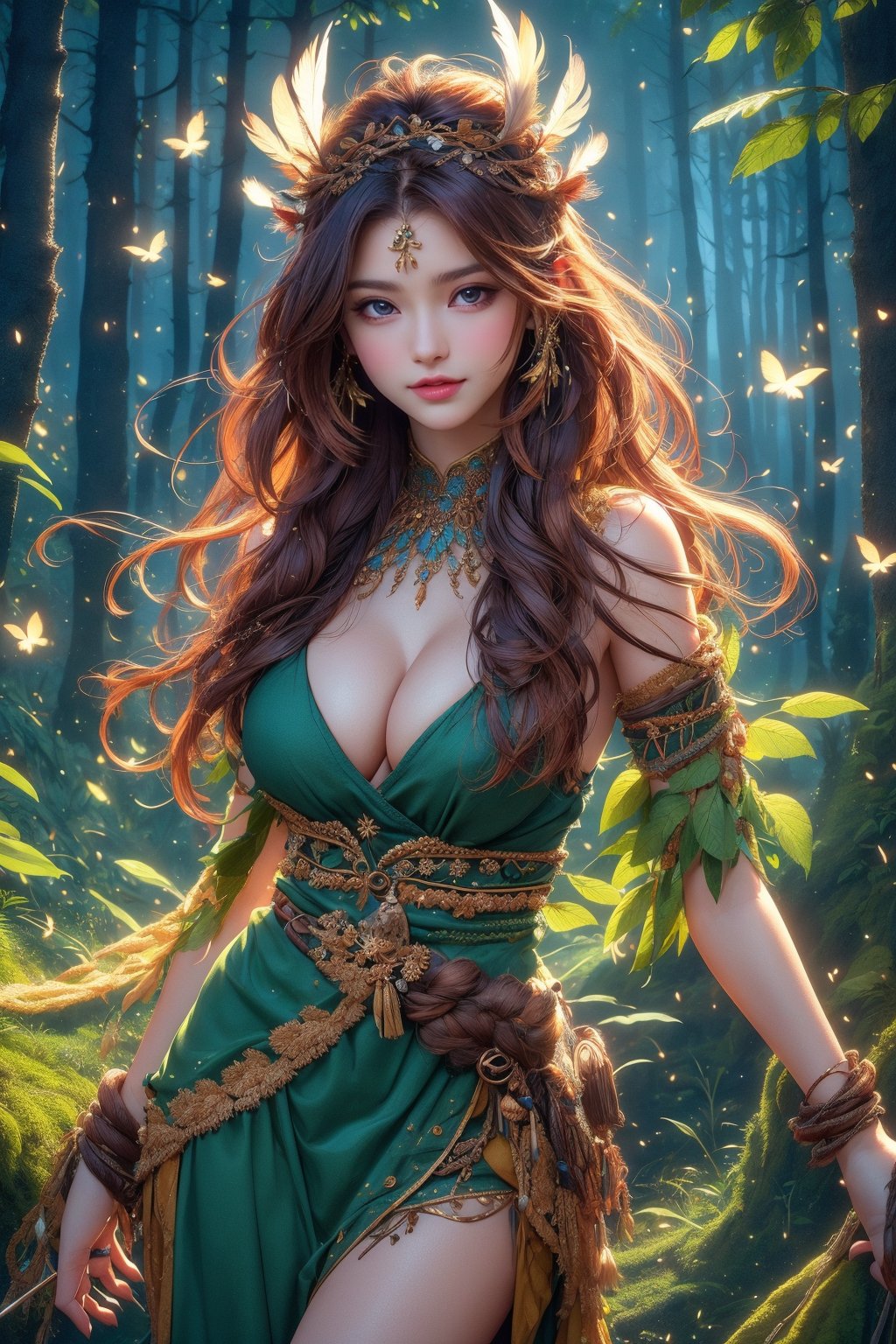 busty and sexy girl, Tribal girl, feather headdress 8k, masterpiece, ultra-realistic, best quality, high resolution, high definition,  the character should be a mischievous forest spirit, LOW-CUT SEXY DRESS, leaves woven into their hair. The background should be a moonlit forest clearing, with fireflies dancing in the air. The overall mood should be mysterious and enchanting, inviting viewers to explore the hidden magic of the woods