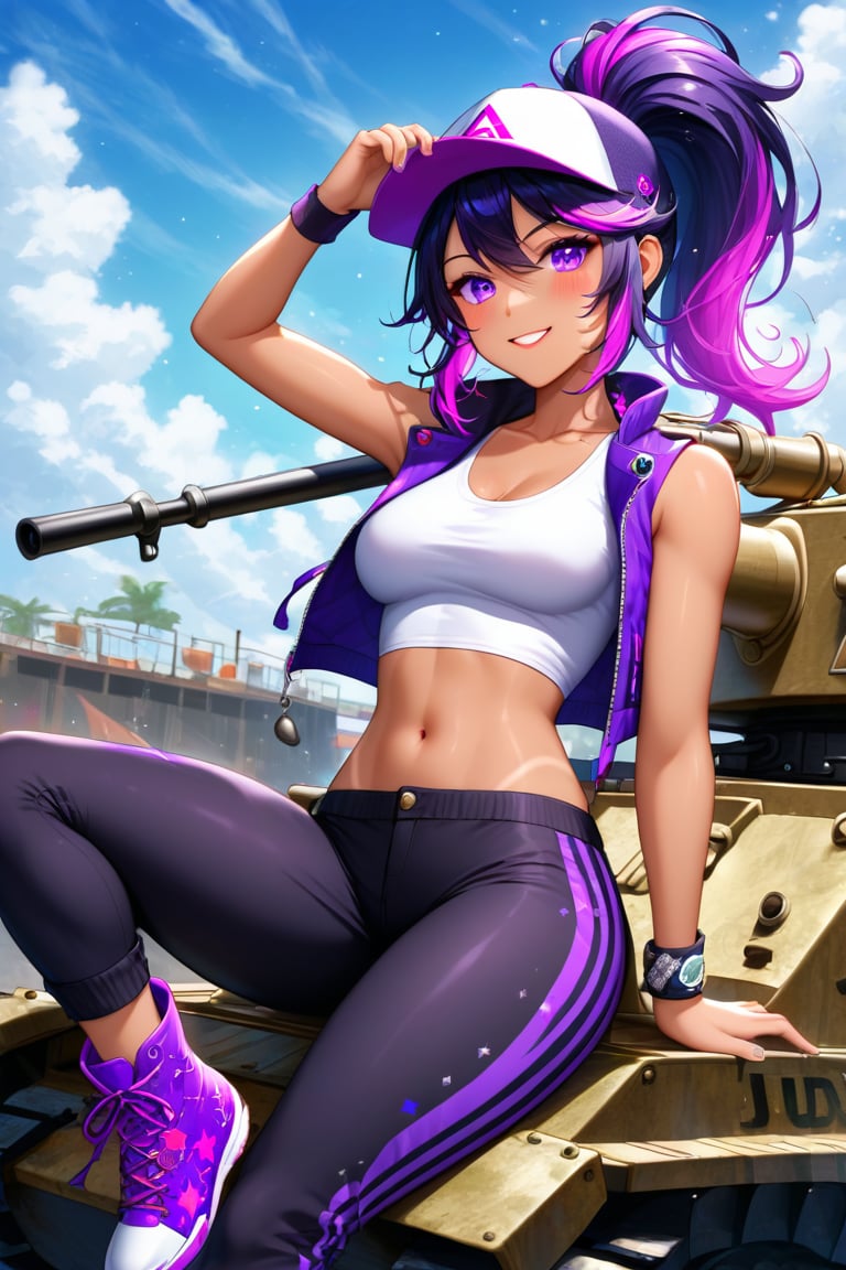 Volumetric lighting illuminates the scene as 26-year-old girl sits confidently on a tank vehicle, her gaze directly addressing the viewer. Her laced high boots and heavy ponytail, secured at her waist, exude a sense of strength. Glowing multicolor hair cascades down her back, with light freckles and tan lines adding subtle warmth to her complexion. Ultra-detailed purple eyes sparkle with mischief beneath her baseball cap. The torn sleeveless jacket, paired with oversized jogging pants, showcases her edgy style. A tank full of puppets and stickers creates a whimsical backdrop, as the girl's pose embodies confidence and individuality.