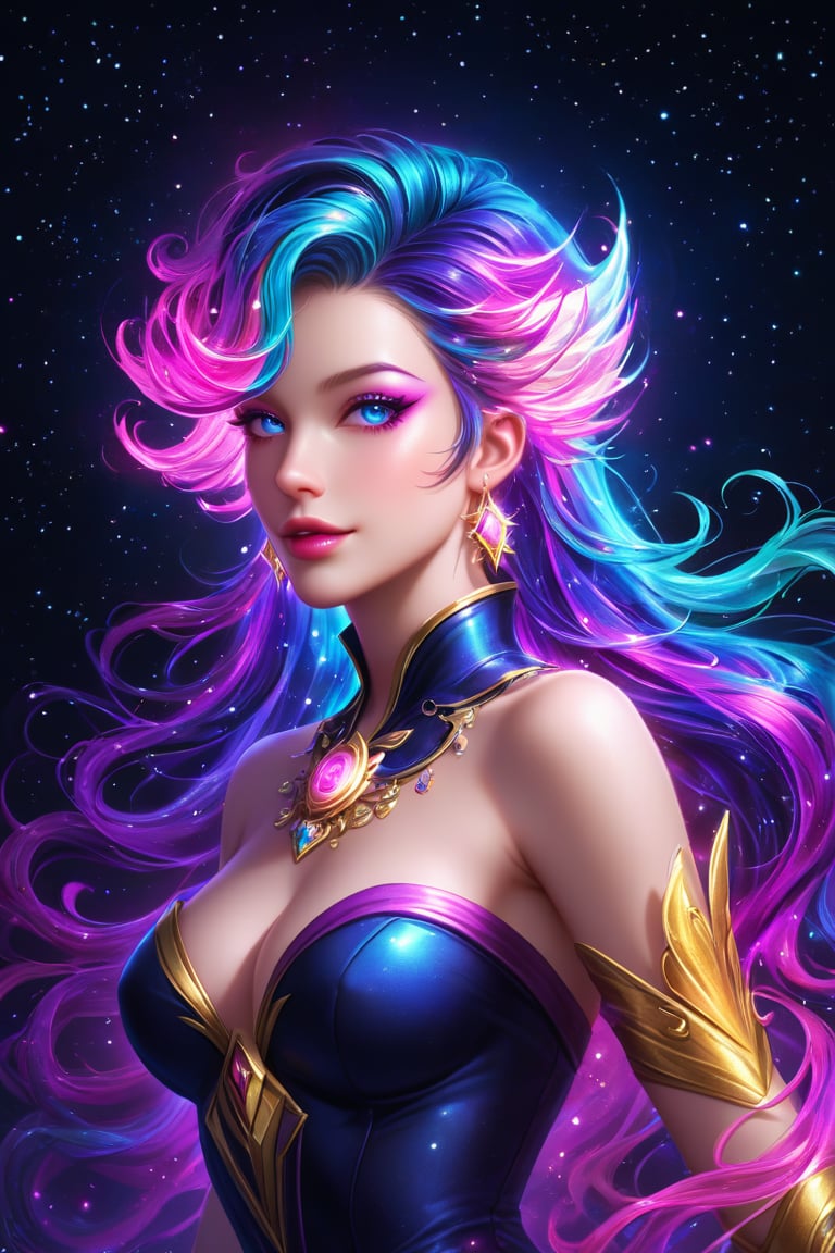 In a cosmic canvas, a regal owl's profile sits poised on the edge of an unfinished sketch, as if mid-creation. Vibrant hues and high contrast against a dark background amplify its majesty. A spiral galaxy, reminiscent of Lumenarium or Etherlord, sprawls behind, with twinkle stars and glowing frame adding depth. Soft, beautiful backlighting highlights the owl's features, while a sense of mystery unfolds in this enchanting, dreamy illustration.