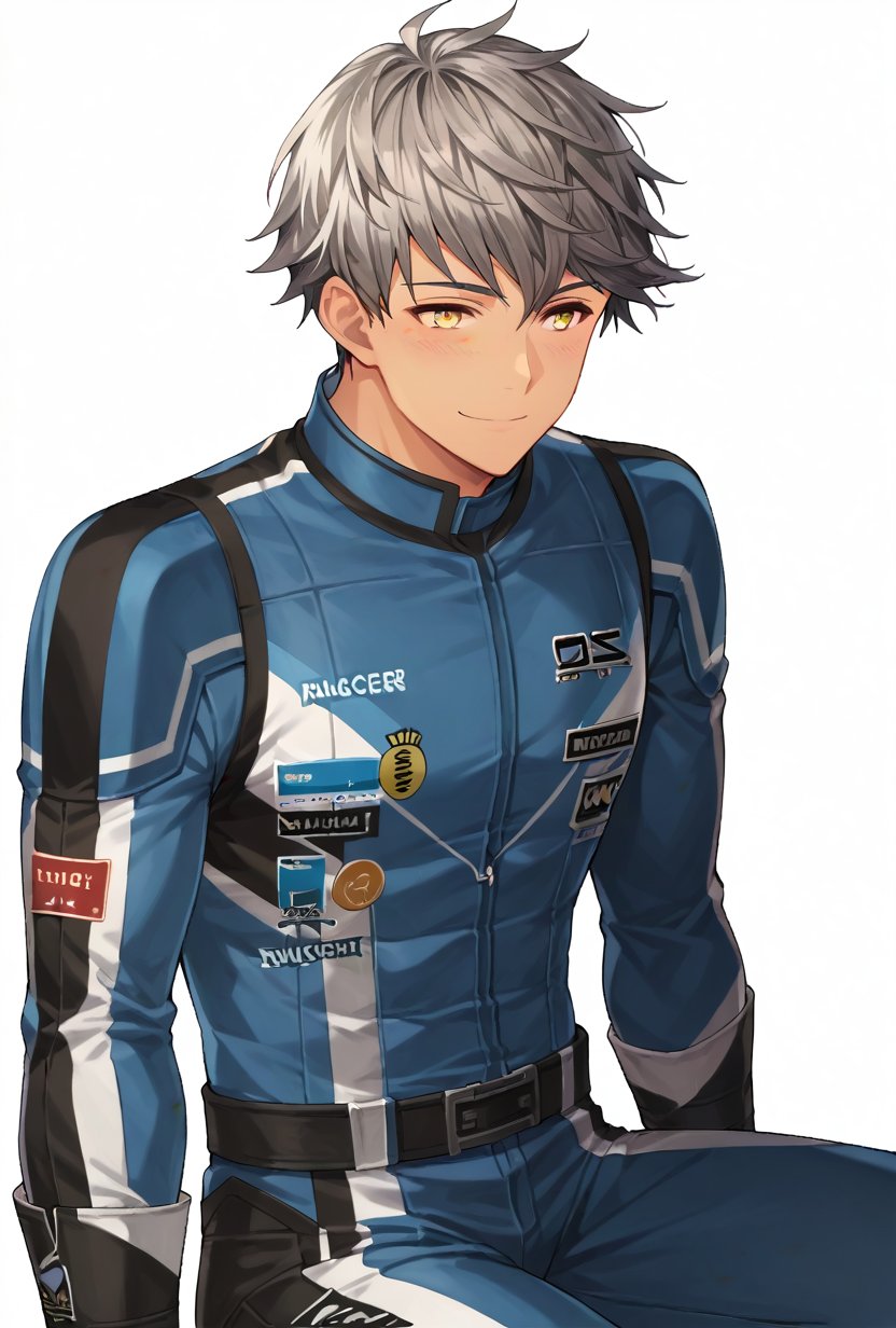 (score_9, score_8_up:1.1), score_7_up, kuroaslan, 1boy, solo, grey hair, black hair, yellow eyes, dark skinned, racer suit, smile, blush, sitting, white background, cowboy shot,