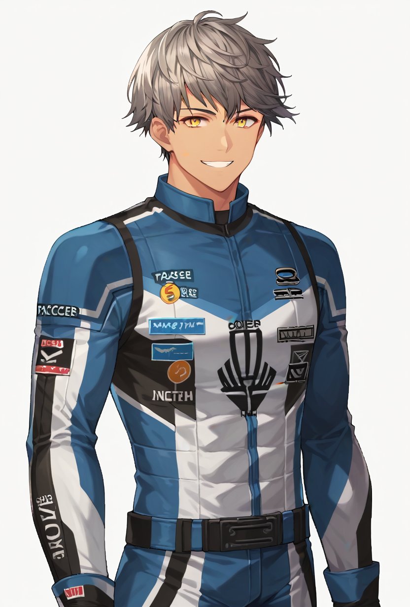 (score_9, score_8_up:1.1), score_7_up, kuroaslan, 1boy, solo, grey hair, black hair, yellow eyes, dark skinned, racer suit, v, smile, white background, cowboy shot