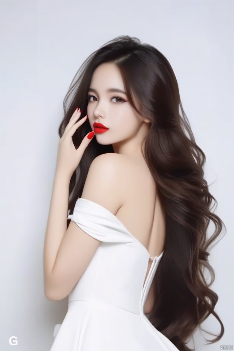 maked sign “V” with hands,
1girl,long_hair,Red lips,bareshoulders,
white dress, hand,g23 ,