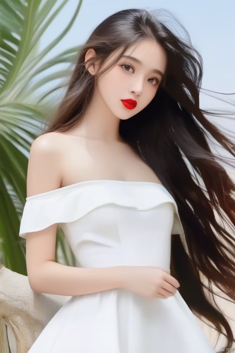 palm,✋,
1girl,long_hair,Red lips,bareshoulders,
white dress, hand,g23 ,