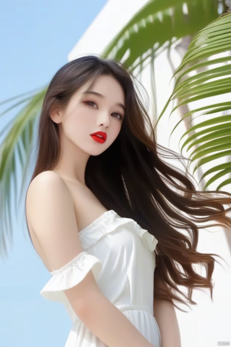 palm,point at,
1girl,long_hair,Red lips,bareshoulders,
white dress, hand,g23 ,