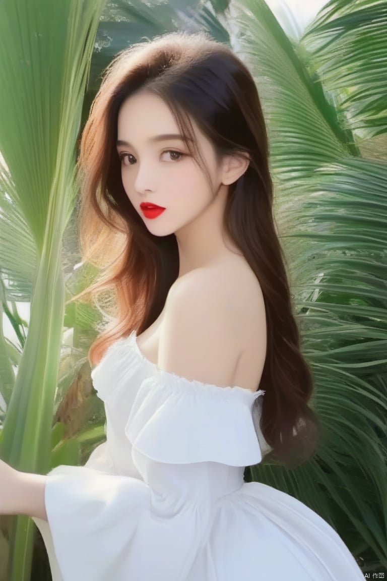 palm,✋,point at,
1girl,long_hair,Red lips,bareshoulders,
white dress, hand,g23 ,