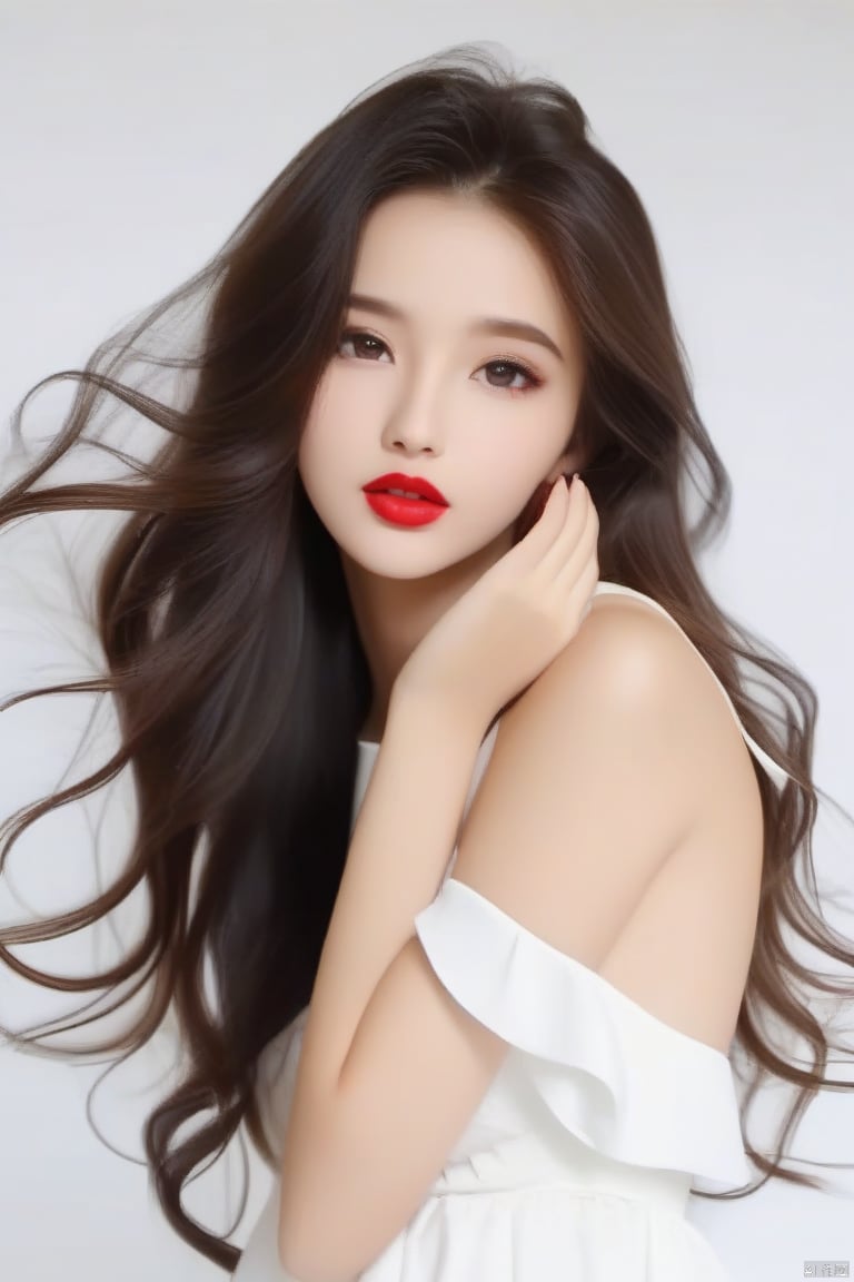 maked sign “W” with hands,3,
1girl,long_hair,Red lips,bareshoulders,
white dress, hand,g23 ,