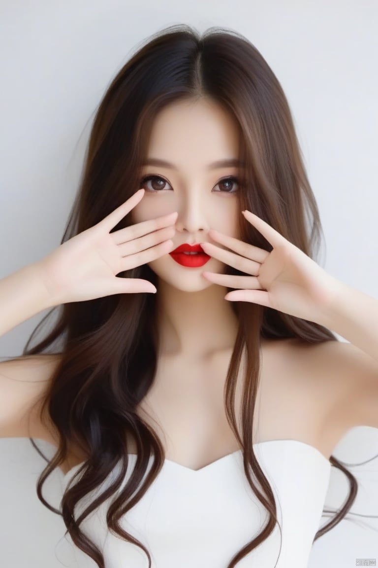 maked sign “V” with hands,“V”,
1girl,long_hair,Red lips,bareshoulders,
white dress, hand,g23 ,