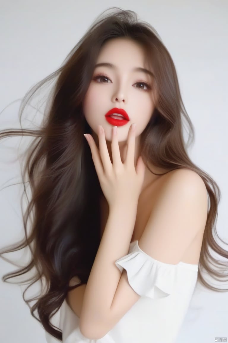 maked sign “V” with hands,“V”,
1girl,long_hair,Red lips,bareshoulders,
white dress, hand,g23 ,