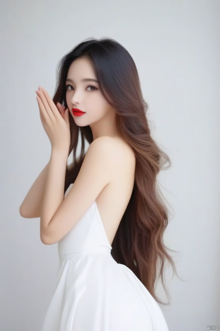 maked sign “V” with hands,“V”,
1girl,long_hair,Red lips,bareshoulders,
white dress, hand,g23 ,