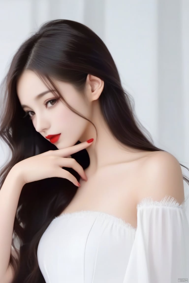 point at,finger,
1girl,long_hair,Red lips,bareshoulders,
white dress, hand,g23 ,