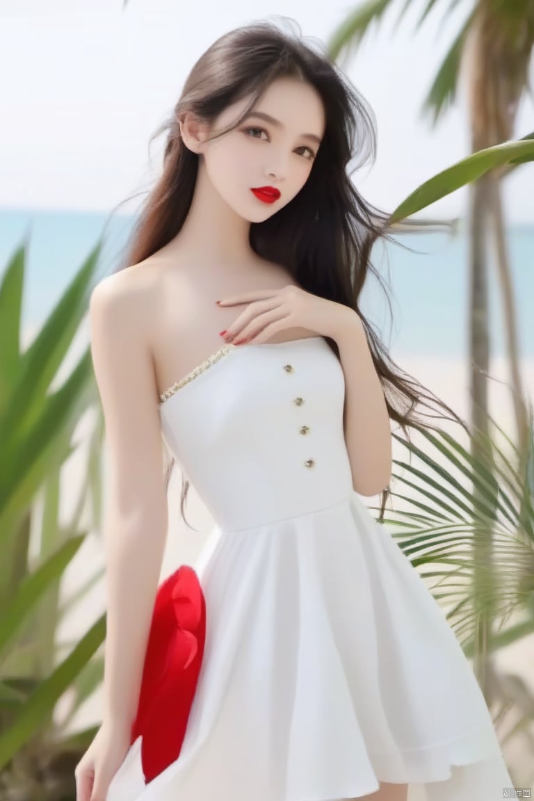 palm,✋,point at,
1girl,long_hair,Red lips,bareshoulders,
white dress, hand,g23 ,