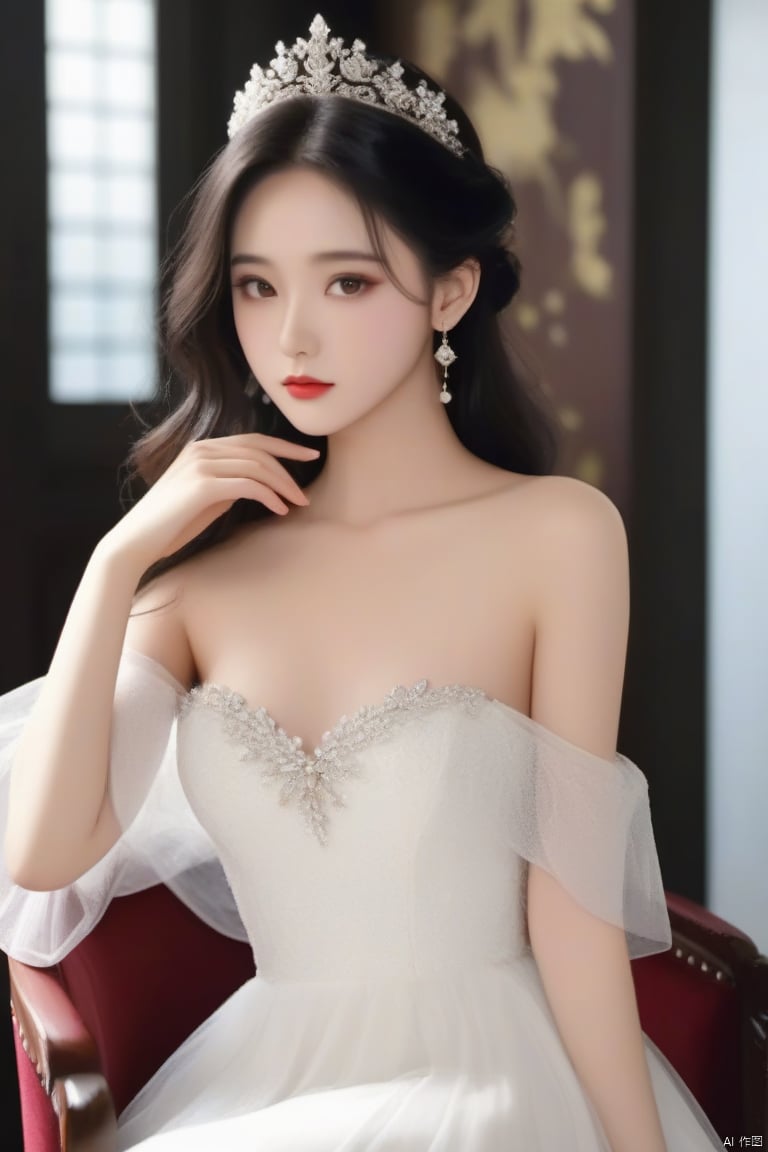 风格;masterpiece,bestquality,8k,4k,Filmtexture,
人物;1girl,solo,blackhair,long_hair,brown_eyes,lips,collarbone,breasts,bareshoulders,
服饰;dress, jewelry,earrings,white dress, strapless,tiara, strapless dress, weddingdress,
动作;sitting,the girl's hand makes the gesture of V. 
场景; dusky,indoors, chair,,hand,,g23 ,Red Earring