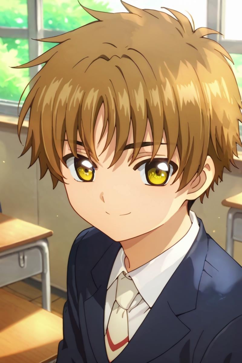 score_9,score_8_up,score_7_up,source_anime,looking at viewer, solo, 1boy, upper body,Li Syaoran, brown hair, yellow eyes, school_uniforms, smile, classroom<lora:EMS-394891-EMS:1.000000>