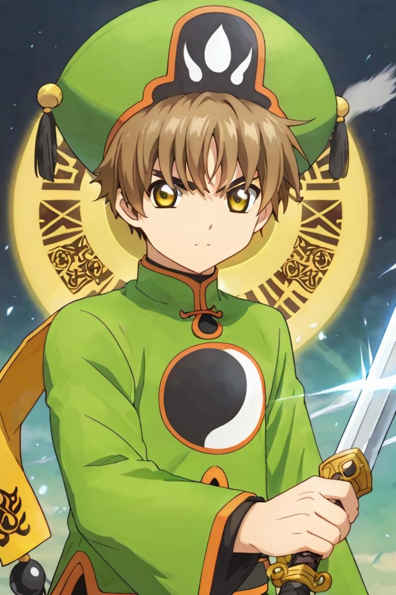 score_9,score_8_up,score_7_up,source_anime,looking at viewer, solo, 1boy, upper body,Li Syaoran, brown hair, yellow eyes, chinese clothes,green headwear, sword,weapon, holding sword, fighting_stance,Talisman,yin yang<lora:EMS-394891-EMS:1.000000>