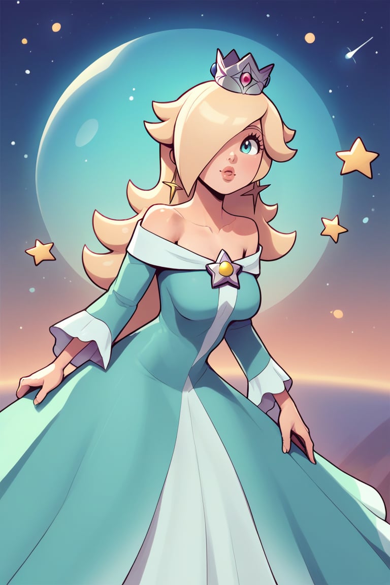 score_9, score_8_up, score_7_up, BREAK, 1girl, solo, rosalina, dress, crown, mature female, space, star \(sky\),