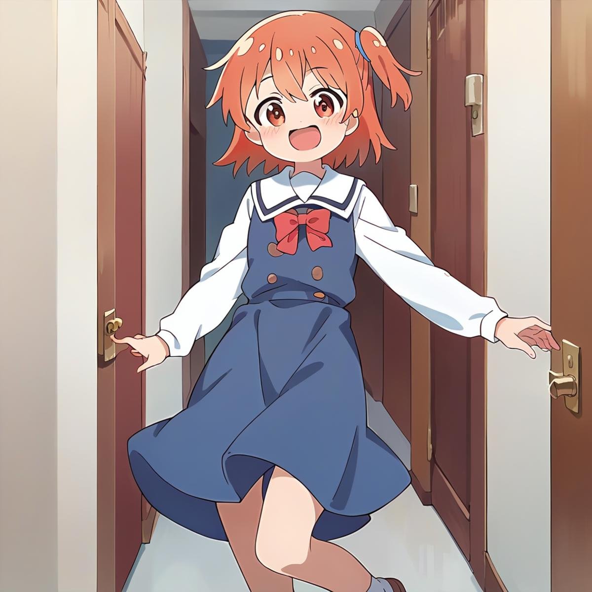 score_9, score_8_up, score_7_up, source_anime, masterpiece, 1girl, hinata, one side up, blue dress, white sailor collar, white long sleeves, red bow, happy, blush, cowboy shot, indoors, looking at viewer, standing on one leg, hallway   <lora:HinataHoshinoPONYXL:0.8>