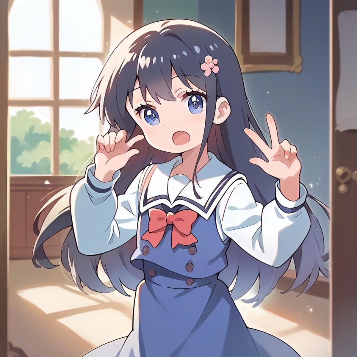 score_9, score_8_up, score_7_up, source_anime, masterpiece,  1girl, hana, blue dress, white sailor collar, red bowtie, white long sleeves, cowboy shot, looking at viewer, indoors, open mouth,   <lora:HanaShirosakiPONYXLv2:0.8>, shiny hair, v