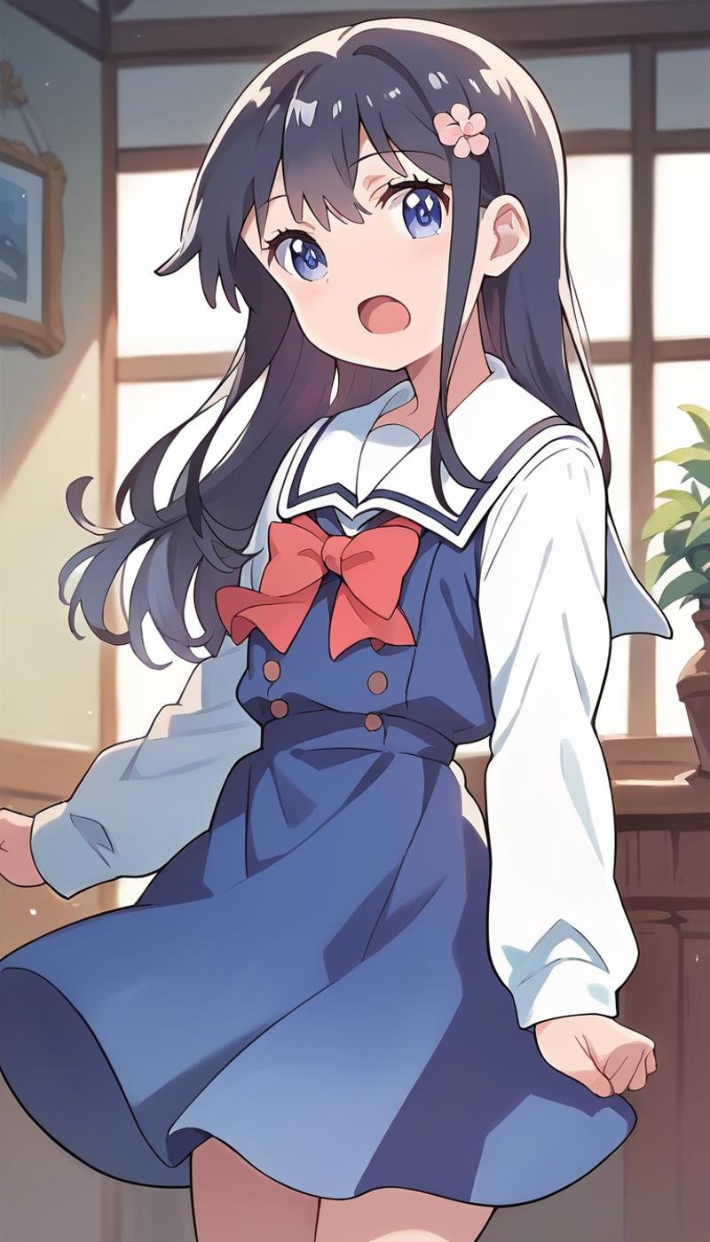 score_9, score_8_up, score_7_up, source_anime, masterpiece,  1girl, hana, blue dress, white sailor collar, red bowtie, white long sleeves, cowboy shot, looking at viewer, indoors, open mouth,   <lora:HanaShirosakiPONYXLv2:0.8>, shiny hair