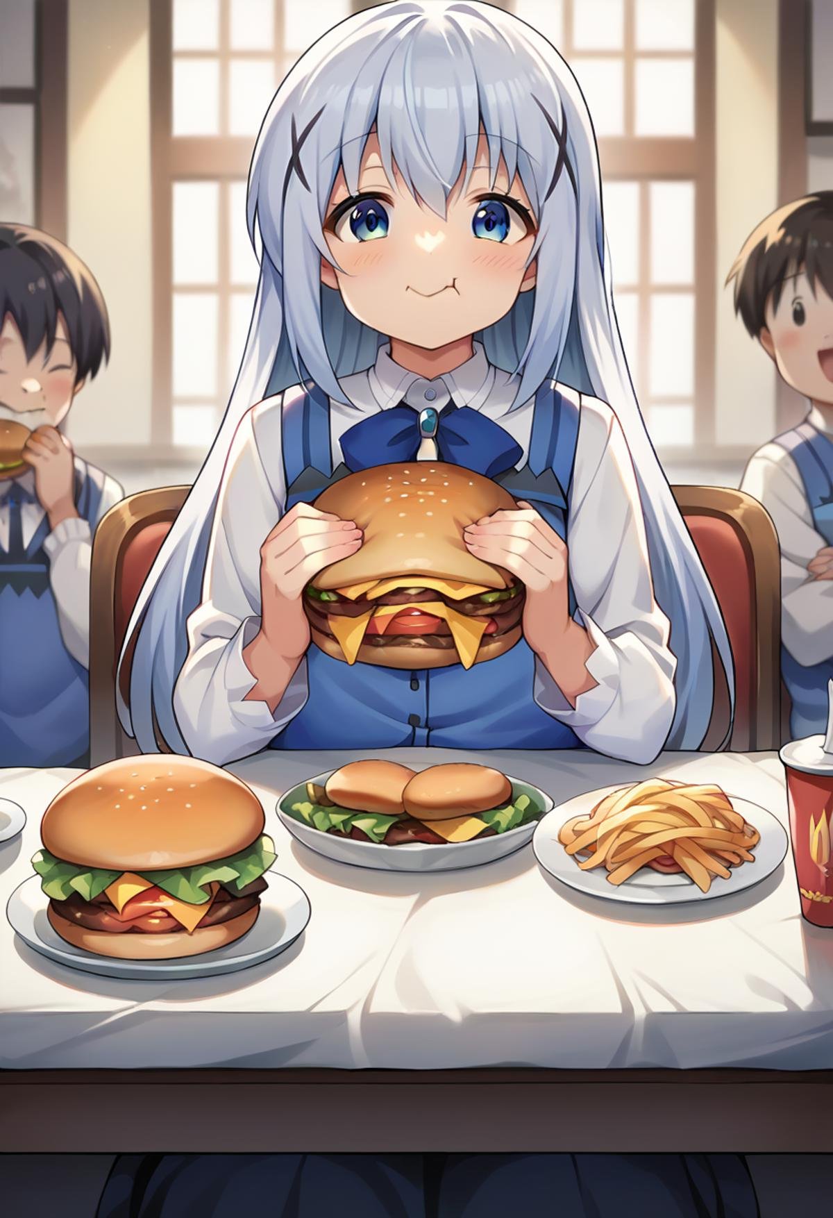 score_9, score_8_up, score_7_up, source_anime, masterpiece, 1girl, chinok, long hair, long sleeves, blue vest, collared shirt, skirt, angora rabbit, looking at viewer, indoors, eating burger, fat people, <lora:chinokafu_ctV2:0.8>