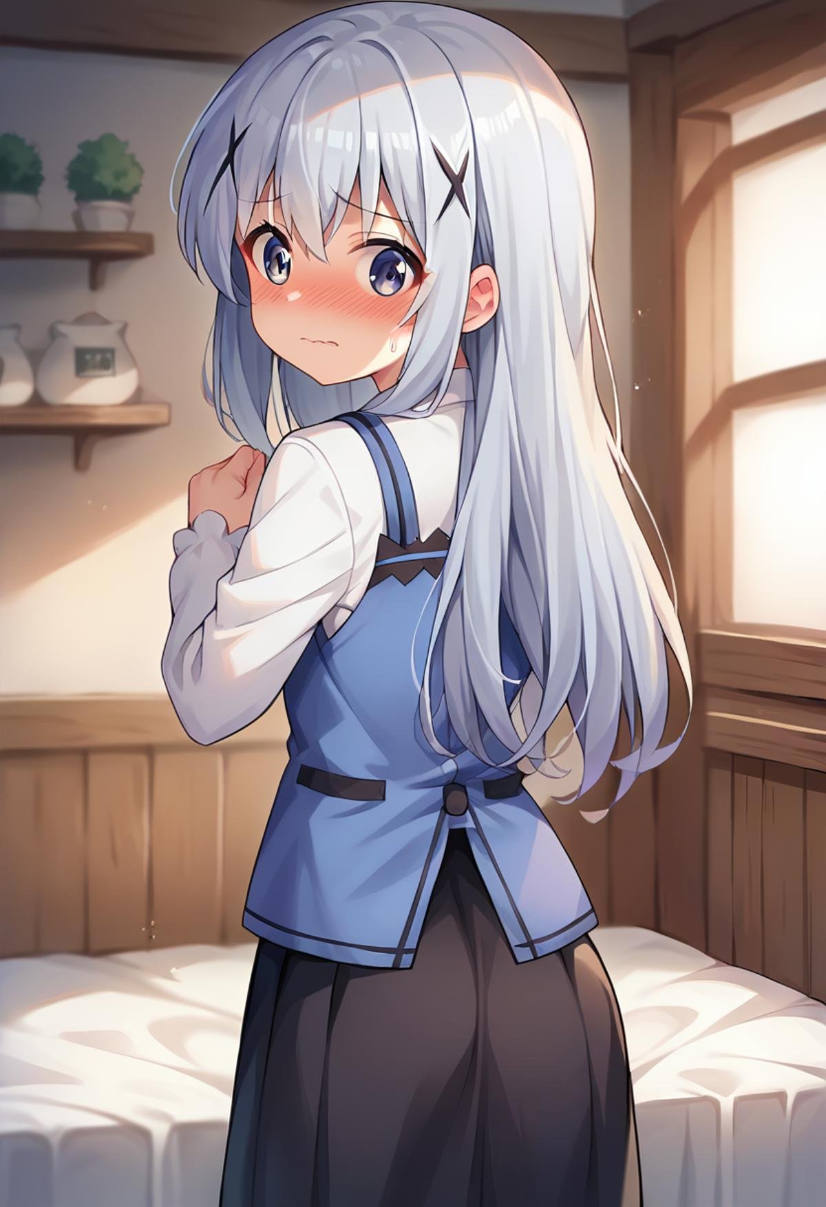 score_9, score_8_up, score_7_up, source_anime, masterpiece, 1girl, chinok, long hair, long sleeves, blue vest, collared shirt, skirt, angora rabbit, looking at viewer, indoors,  blush, from behind, looking back, blush, embarrassed, <lora:chinokafu_ctV2:0.8>