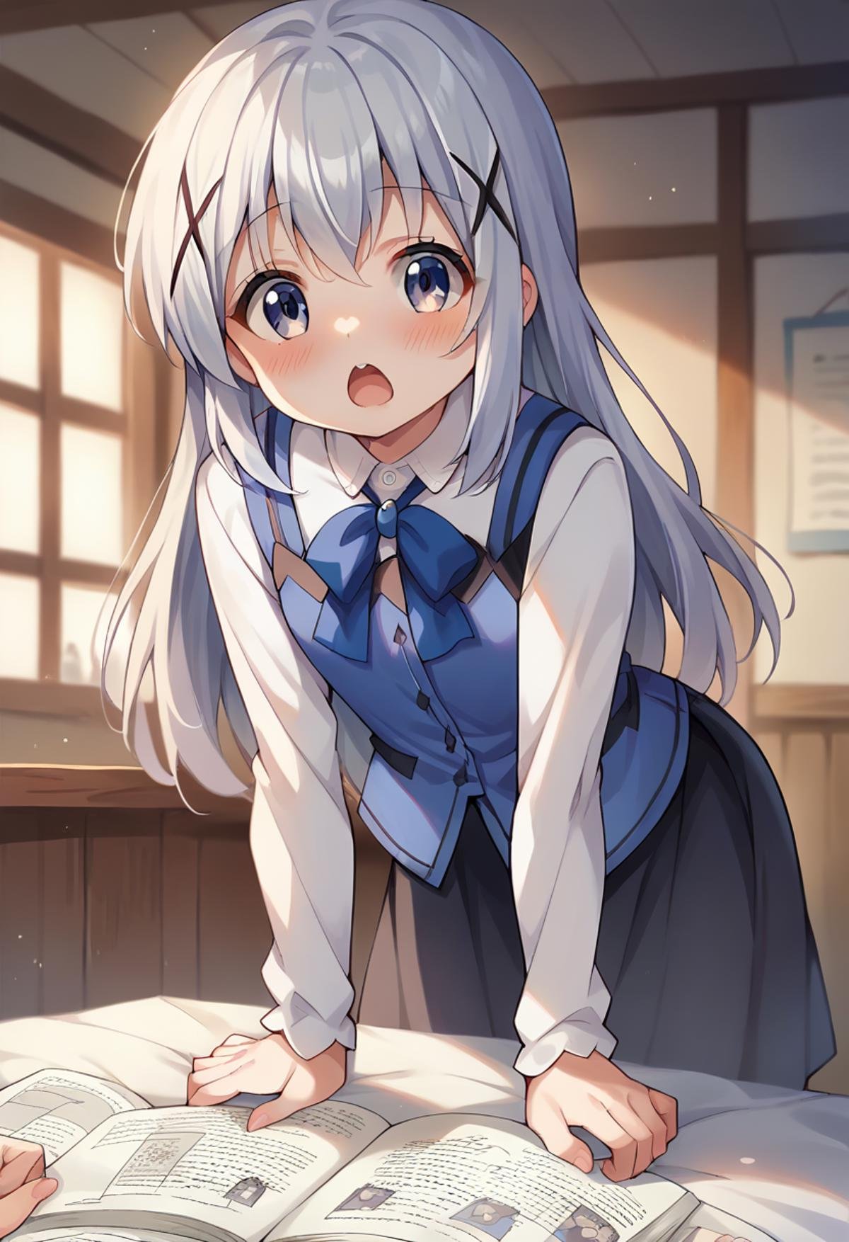 score_9, score_8_up, score_7_up, source_anime, masterpiece, 1girl, chinok, long hair, long sleeves, blue vest, collared shirt, skirt, angora rabbit, looking at viewer,  open mouth, indoors,  blush, leaning forward, (>_<),  <lora:chinokafu_ctV2:0.8>