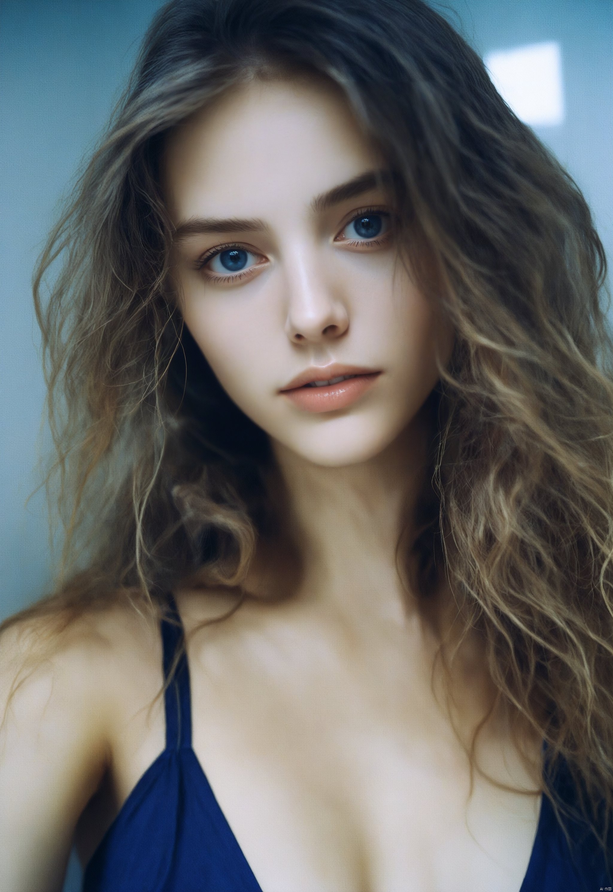 (Soft Lighting Photography by Mimoza Veliu and Mario Giacomelli:1.2), NSFW, Mirror selfie , a 19 year old gorgeous girl , slight smile , detailed skin face and eyes , showering, natural lighting , at home , long hair, messy hair, see through loose wet blouse, cleavage, film grain, low contrast, natural face, dark blonde hair , dark blue eyes, dark circles under eyes, sexy, nipples visible under blouse, water,