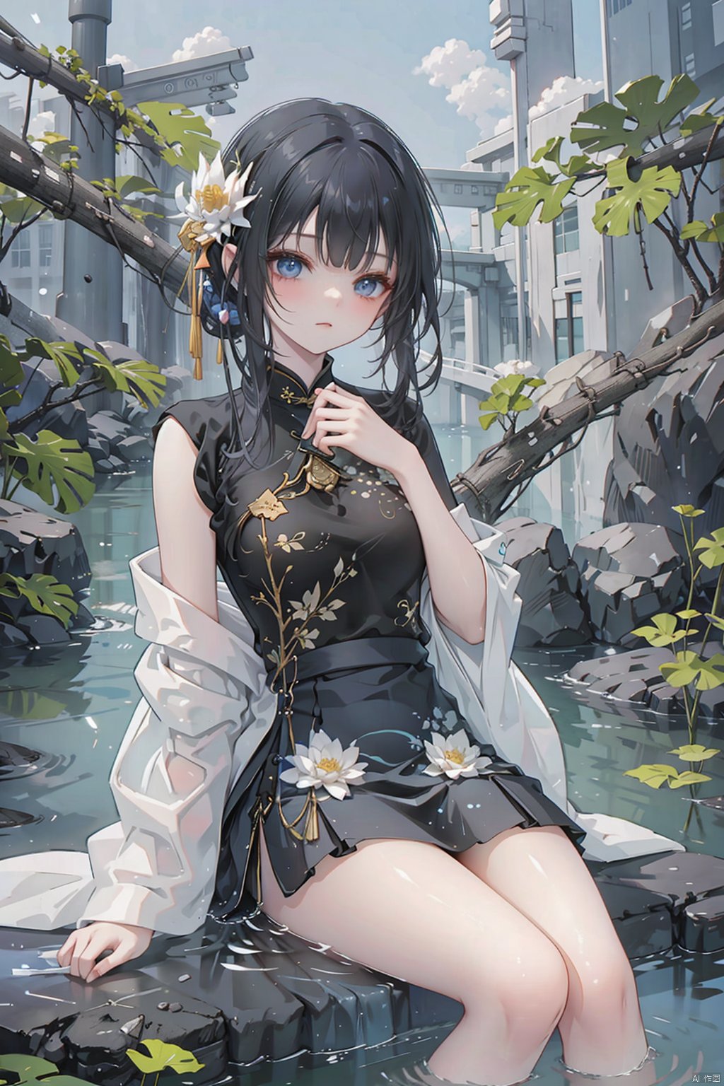 There is a blue skirt, 16 Long Legs, A woman sitting on a rock in the water, Standing gracefully on the lotus, Ethereal Beauty, Wearing blue cheongsam, court, Girl wearing Hanfu, Wearing blue cheongsam, Full of fairy atmosphere, In the pond, White Hanfu, A stunning young ethereal figure, floating dress, Light Blue, hair behind ears,ins