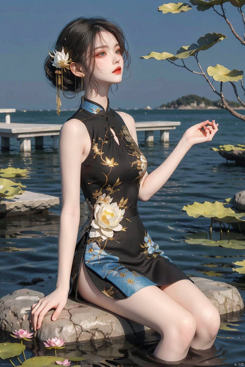 There is a blue skirt, 16 Long Legs, A woman sitting on a rock in the water, Standing gracefully on the lotus, Ethereal Beauty, Wearing blue cheongsam, court, Girl wearing Hanfu, Wearing blue cheongsam, Full of fairy atmosphere, In the pond, White Hanfu, A stunning young ethereal figure, floating dress, Light Blue, hair behind ears,ins