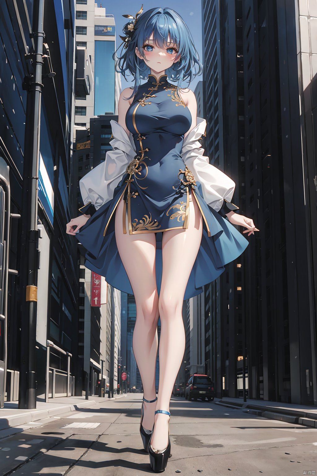 8k, Surreal, masterpiece, best quality, Super detailed, high resolution, random background, 1個Giant Breast Girl, (:1.5), Willow Yao, Blue translucent dress,whole body,High heel,whole body,blue hair,ins