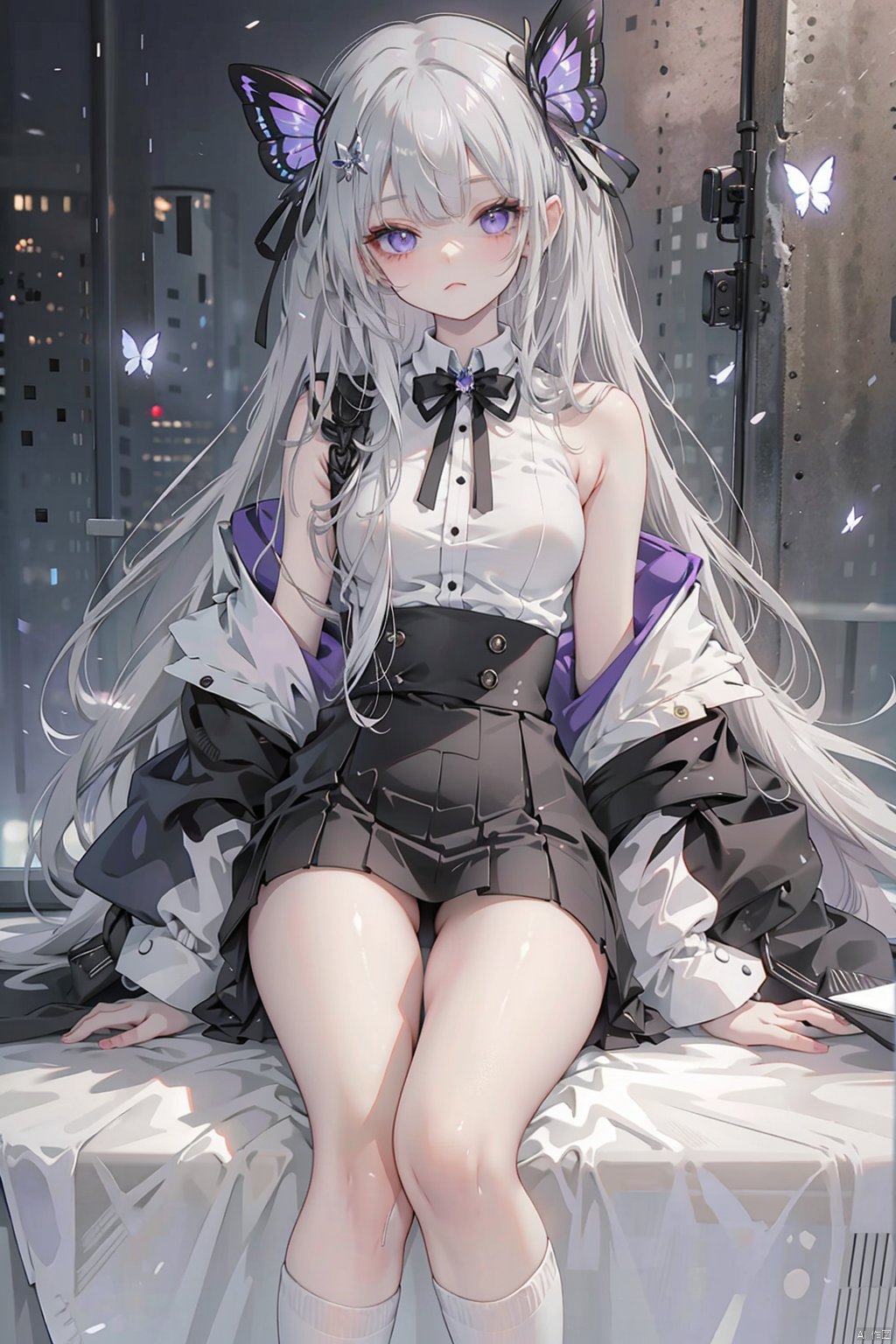 Silver Hair,crystal hair, Butterfly,Long white hair,8k wallpaper,Detailed background,Maximum resolution,Drawstring,Chies,purple Rose,Tight Fit,High socks,stocking,ins