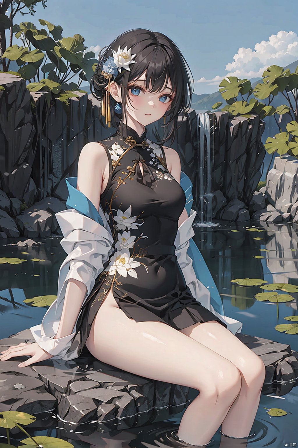 There is a blue skirt, 16 Long Legs, A woman sitting on a rock in the water, Standing gracefully on the lotus, Ethereal Beauty, Wearing blue cheongsam, court, Girl wearing Hanfu, Wearing blue cheongsam, Full of fairy atmosphere, In the pond, White Hanfu, A stunning young ethereal figure, floating dress, Light Blue, hair behind ears,ins