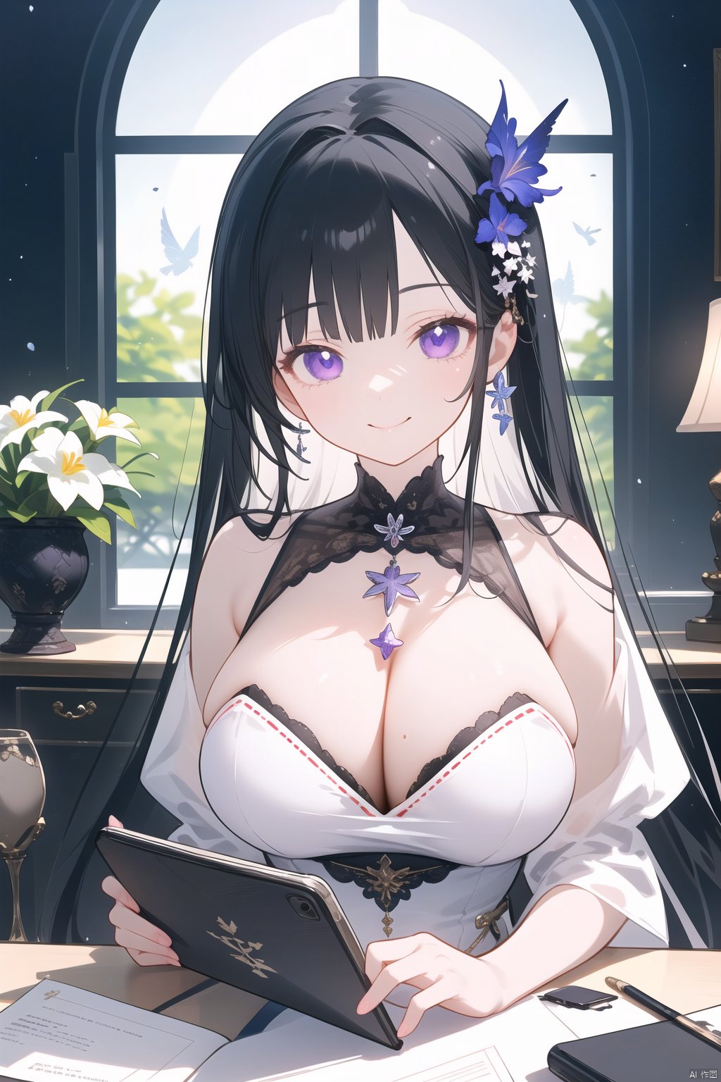 best quality ,masterpiece, illustration, an extremely delicate and beautiful, extremely detailed ,CG ,unity , Amazing, finely detail, masterpiece,best quality,official art,extremely detailed CG unity 8k wallpaper,black hair,Maiden,purple eyes,Fleur-de-lis hair accessories,Iris,Smile,solo