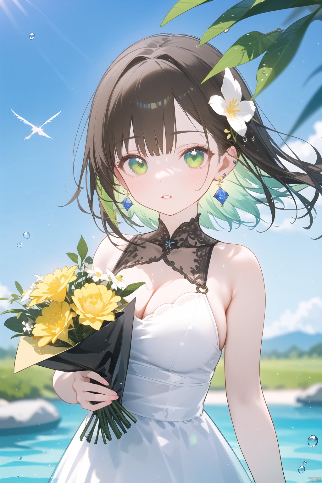 subsurface scattering,best quality,highres,masterpiece,sparkles,ornate,bloom light,ambilight,halatio,detail skin,skin glowing,dynamic pose,particles,ray tracing,1girl, solo, looking_at_viewer, blush, bangs, brown_hair, hair_ornament, dress, holding, bare_shoulders, green_eyes, upper_body, flower, earrings, parted_lips, green_hair, sleeveless, hair_flower, medium_hair, blurry, sleeveless_dress, floating_hair, leaf, white_flower, green_dress, water_drop, blurry_foreground, bouquet, yellow_flower