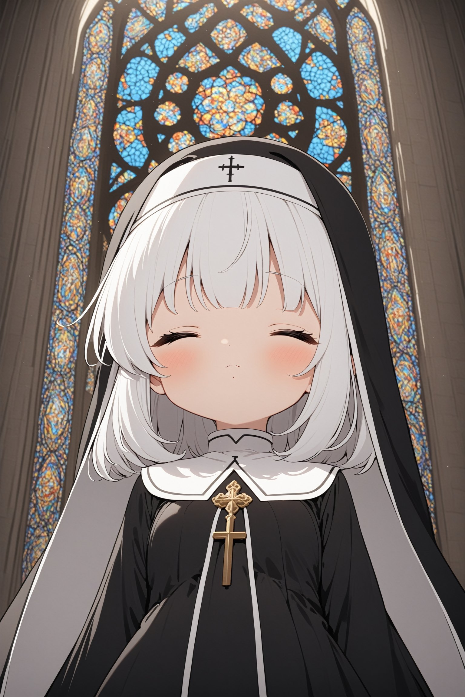 masterpiece, best quality, 1girl, closed eyes, white hair, upper body, stained glass, indoors, dress, cathedral, nun, black head veil, black scapular