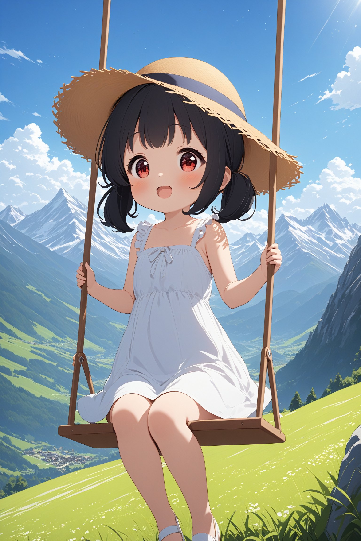 masterpiece, best quality, 1girl, sundress, straw hat, black hair, red eyes, catch light eyes, sitting, in the sky, mountain alps, happy, pigtails, playing swing, scenery